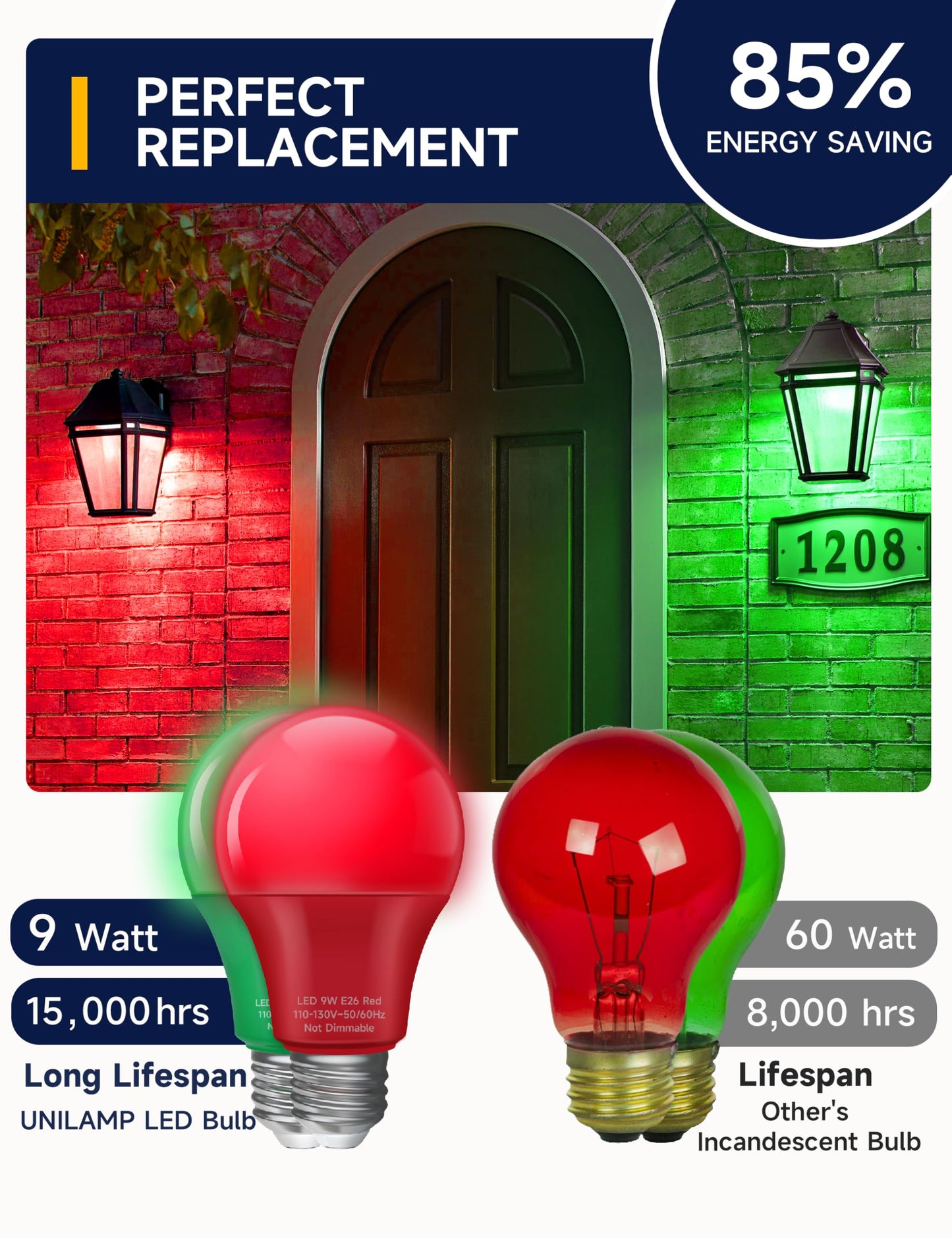 UNILAMP A19 LED Christmas Light Bulbs, 9W, E26 Base, Multi-colored, 60W Equivalent, 4 Pack