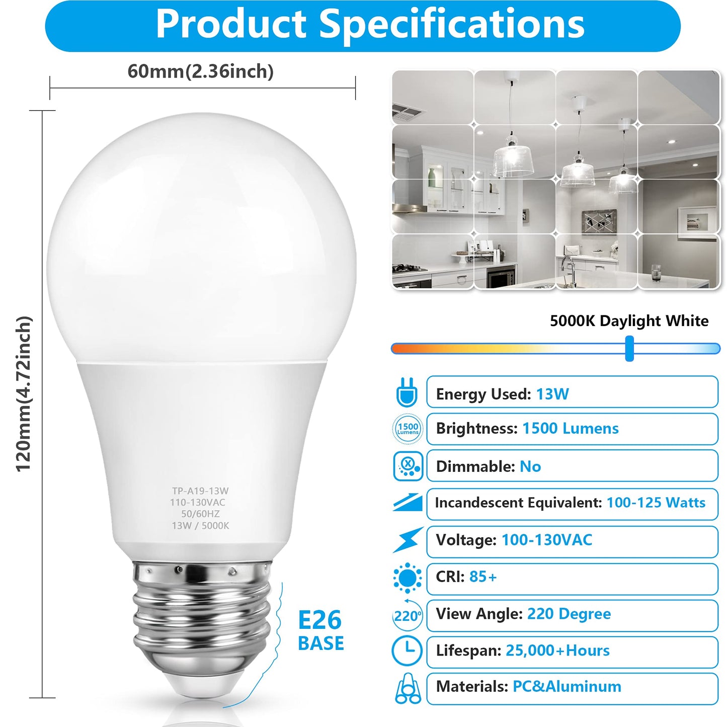 Maxvolador A19 Led Light Bulbs 100W Equivalent Daylight 5000K 1500 Lumens E26 Base 4-Pack