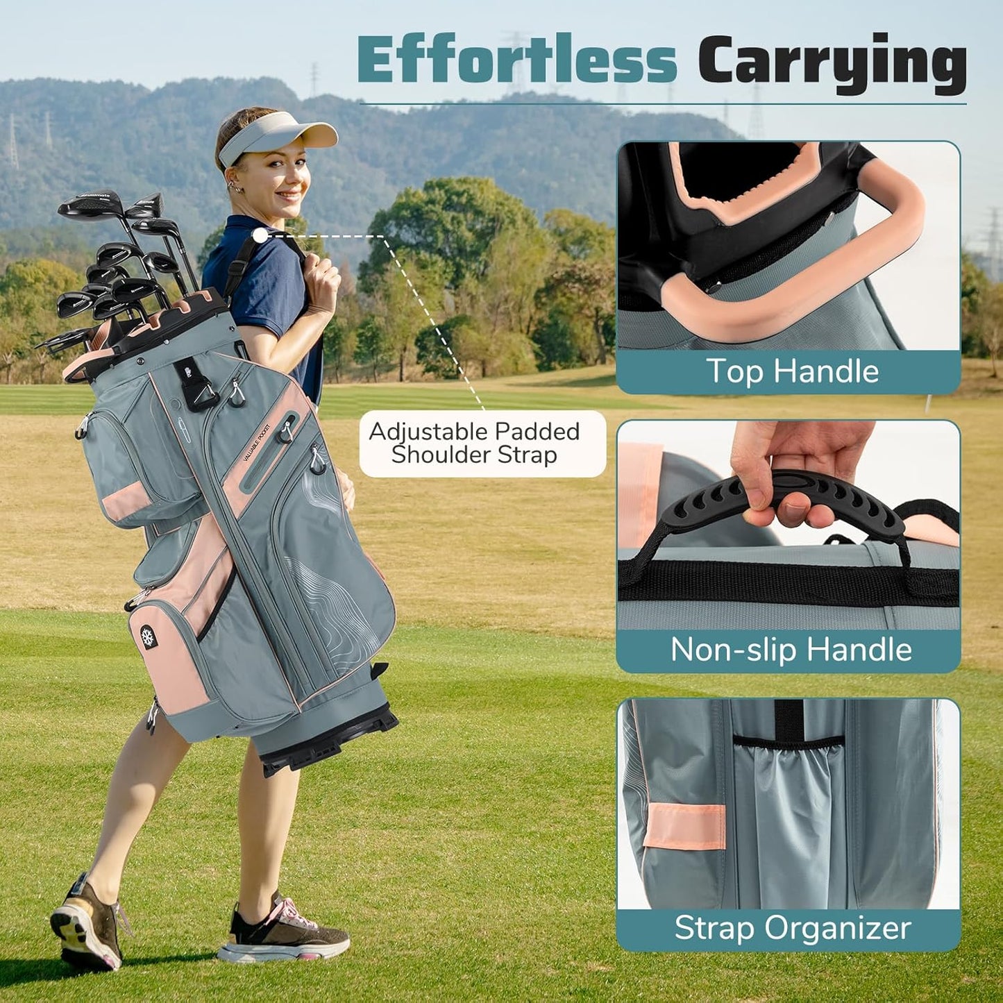 Tangkula Golf Cart Bag with 14-Way Full Length Dividers, 6 Molded Lock Top Golf Club Bag with 11 Pockets, Cooler Bag, Padded Strap, Handles, Umbrella Holder & Rain Hood