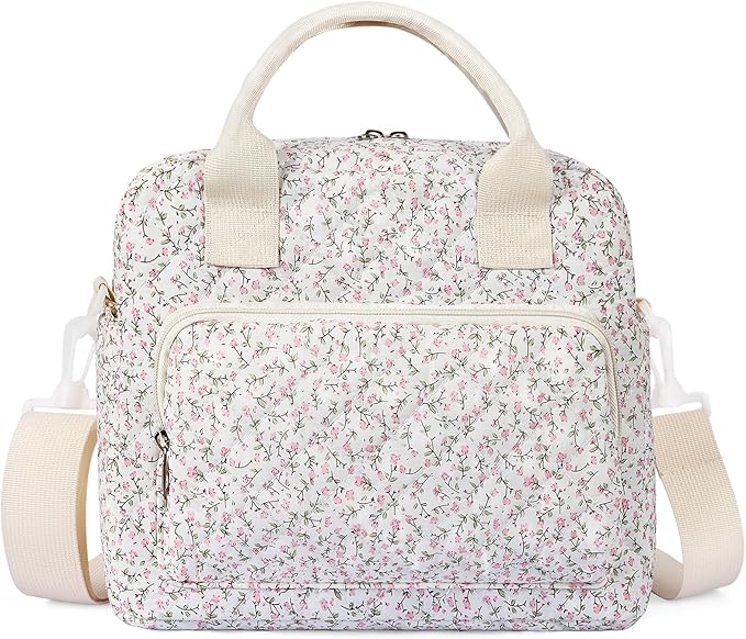 Quilted Lunch Box for Women,Large Pink Floral Insulated Lunch Bag for Adult,Cute Lunch Tote Bags for Work Picnic Travel(Pink Floral,M)