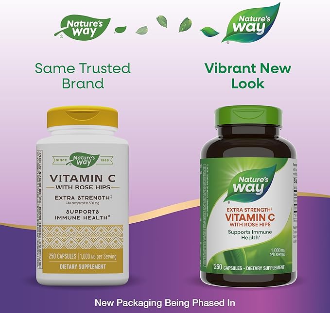 Nature's Way Extra Strength** Vitamin C with Rose HIPS, Supports Immune Health*, Collagen Production*, High Potency Vitamin C, 250 Capsules (Packaging May Vary)