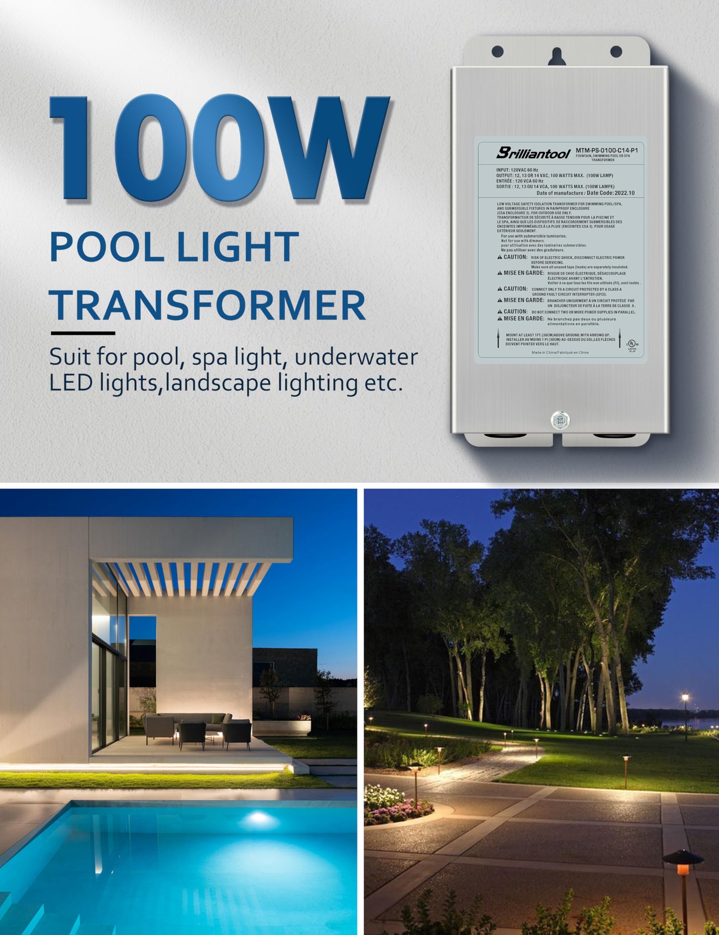 Brilliantool 100W Stainless Steel Casing Pool Light Transformer  Convert 120Vac To 12V/13V/14V Ac Multi-Tap  Weatherproof Transformer  Intended For Pool/Spa Lights And Landscape Lighting (100  Watts)