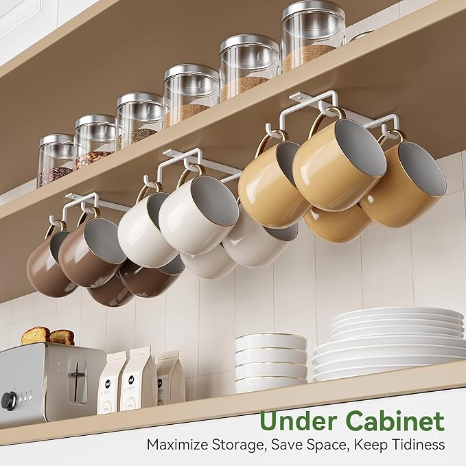 ECROCY Mug Hooks Under Cabinet Space-Saving, Easy Screw Mounting, Metal Coffee Cup Hooks 3 Pack(White)
