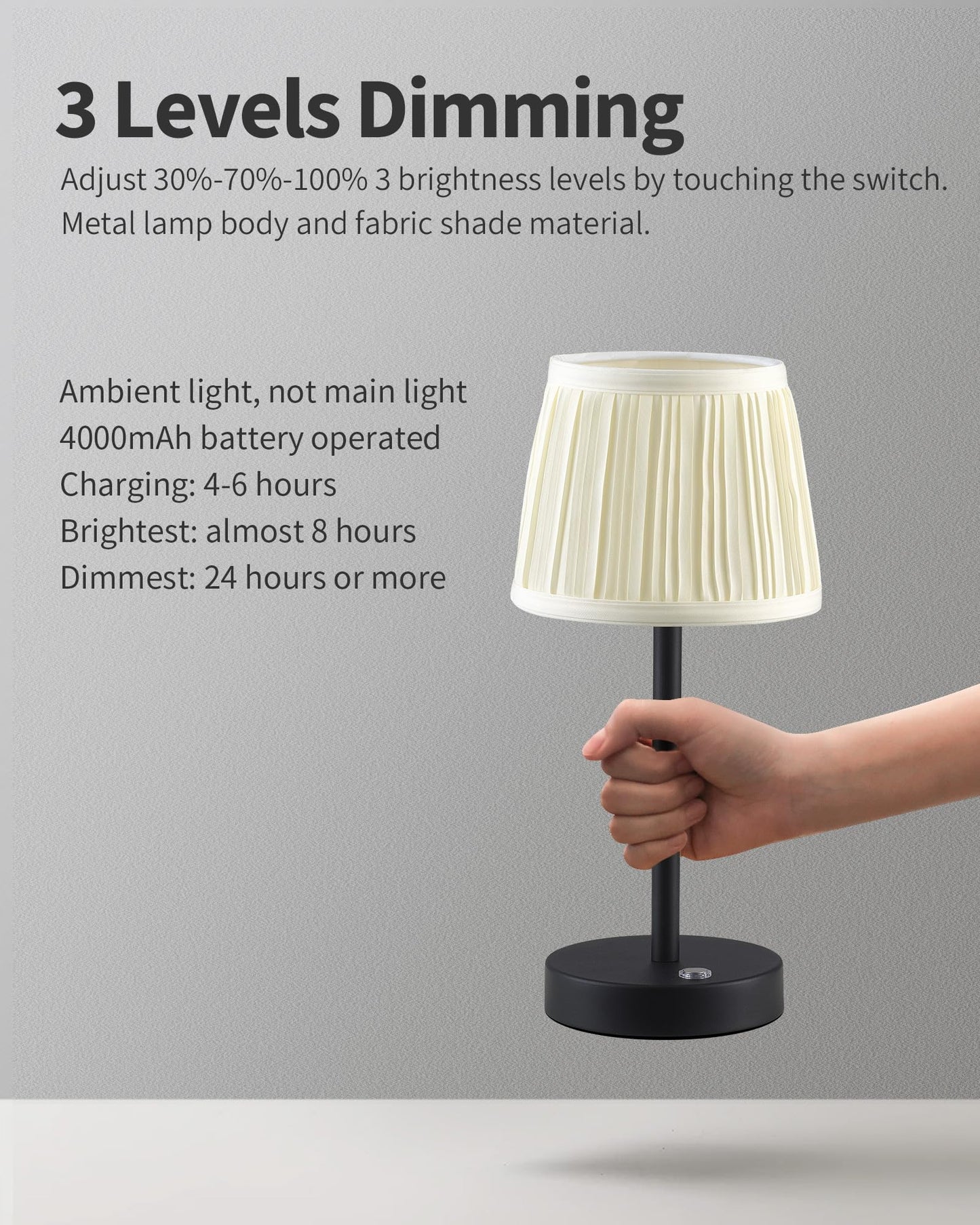 Pusu Cordless Led Black Table Lamp  Rechargeable 4000Mah 3 Way Dimmable Bedside Small Lamp With Fabric Shade  Lighting For Bedroom  Kids Room  Bathroom  Kitchen  Home Decor  Gift  Night Light