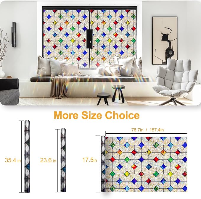 QHY Sunshine Colorful Rainbow Stained Glass Window Film Non-Adhesive Window Privacy Film Reusable Decorative for Room (Rainbow Mosaic, 17.5 X 78.7 in)