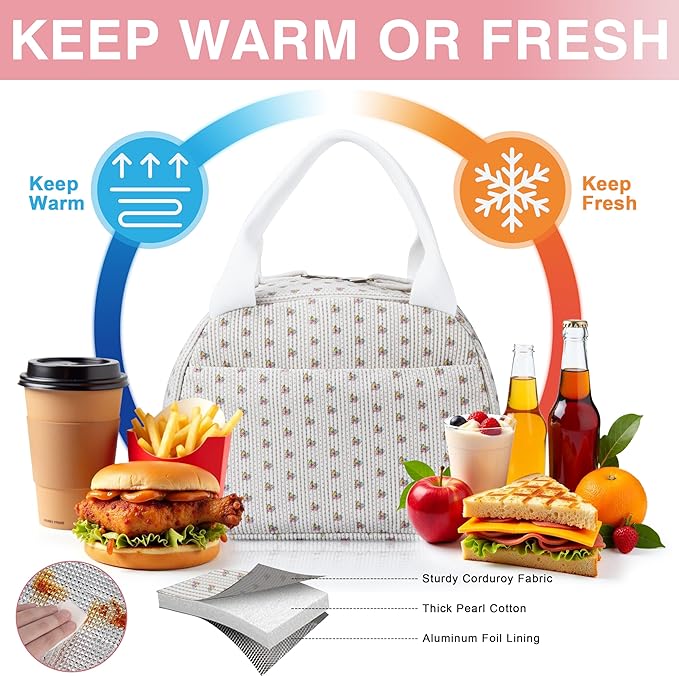 Lunch Bag - Insulated Lunch Box for Women, Reusable Large Capacity Cooler Bag for Adult, Small Leakproof Cute Corduroy Lunch Tote for Work Office Travel Picnic (Little Flower White)