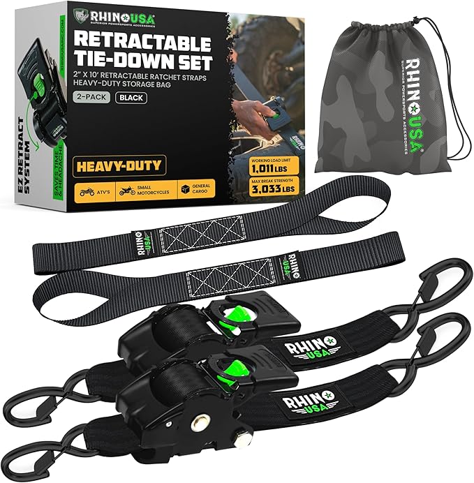 Rhino USA Retractable Ratchet Straps (2-Pack) - 2 Inch x 10 Feet (3,033lb Break Strength) - Heavy Duty Auto Self Retractin...