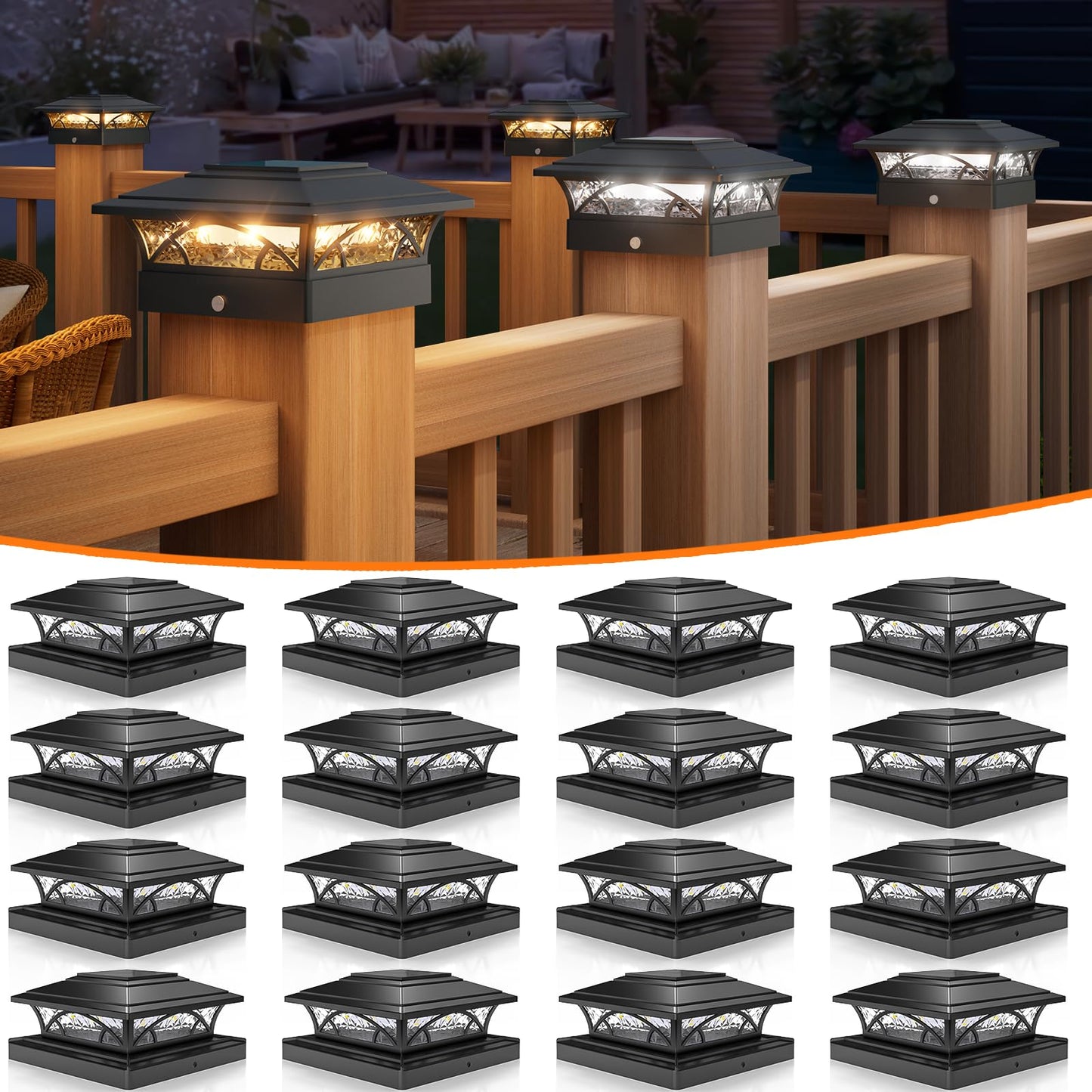 APONUO Solar Post Cap Lights - 16 Pack, Waterproof IP64, Auto On/Off, 4x4 5x5 6x6, Black, Model TZ21