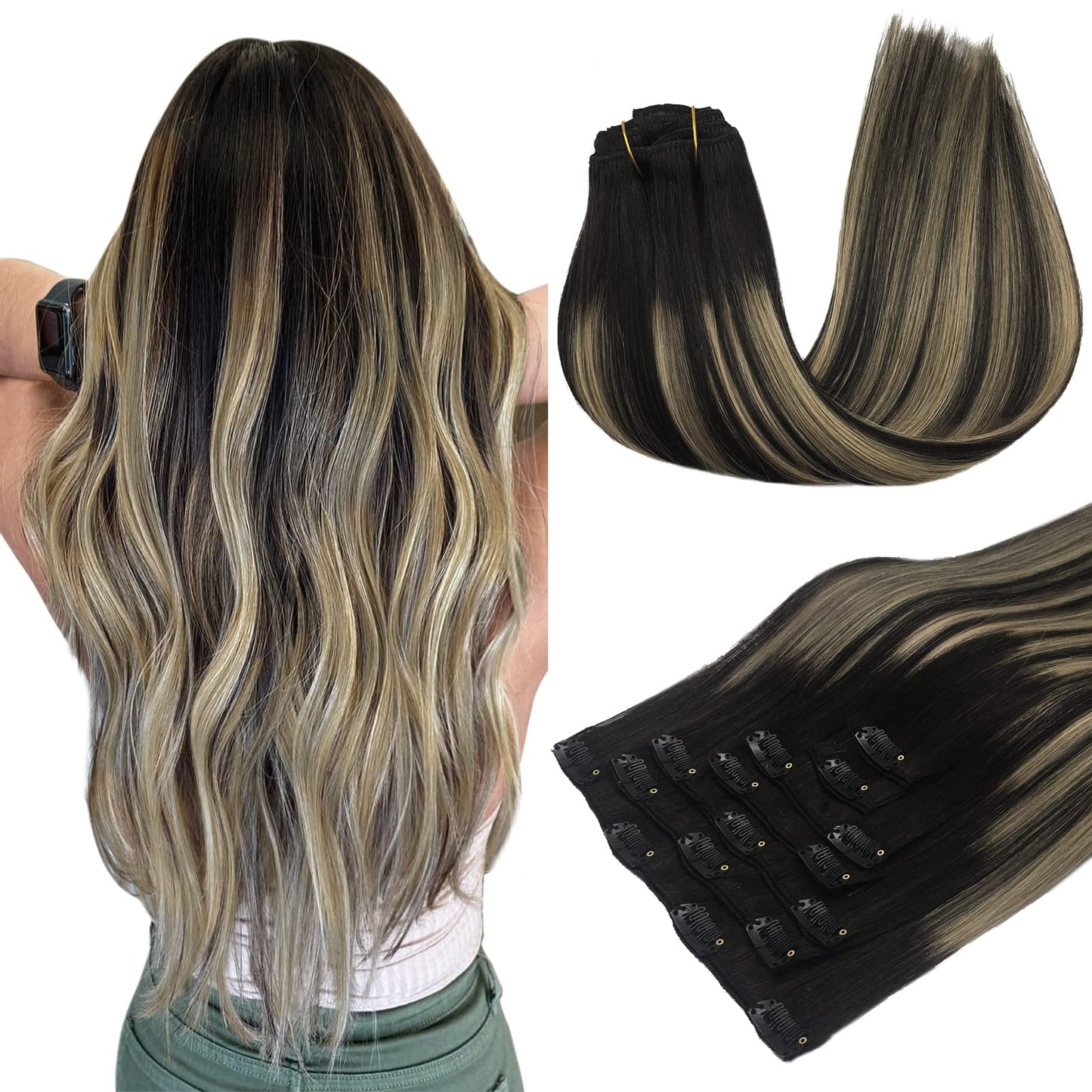 MAXITA Human Hair Clip-in Extensions - 7pcs, 120g, 20 Inch, Balayage Natural Black to Light Blonde, Long Straight Real Hair