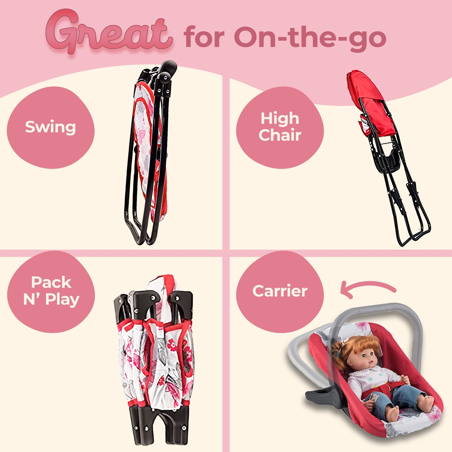 Litti Pritti 18-Inch Baby Doll Nursery Playset - Baby Doll Accessories Set with Swing, Crib, High Chair, and Carrier - Baby Doll Furniture for Girls - Suitable for 18-Inch Dolls and Kids Ages 3 and Up
