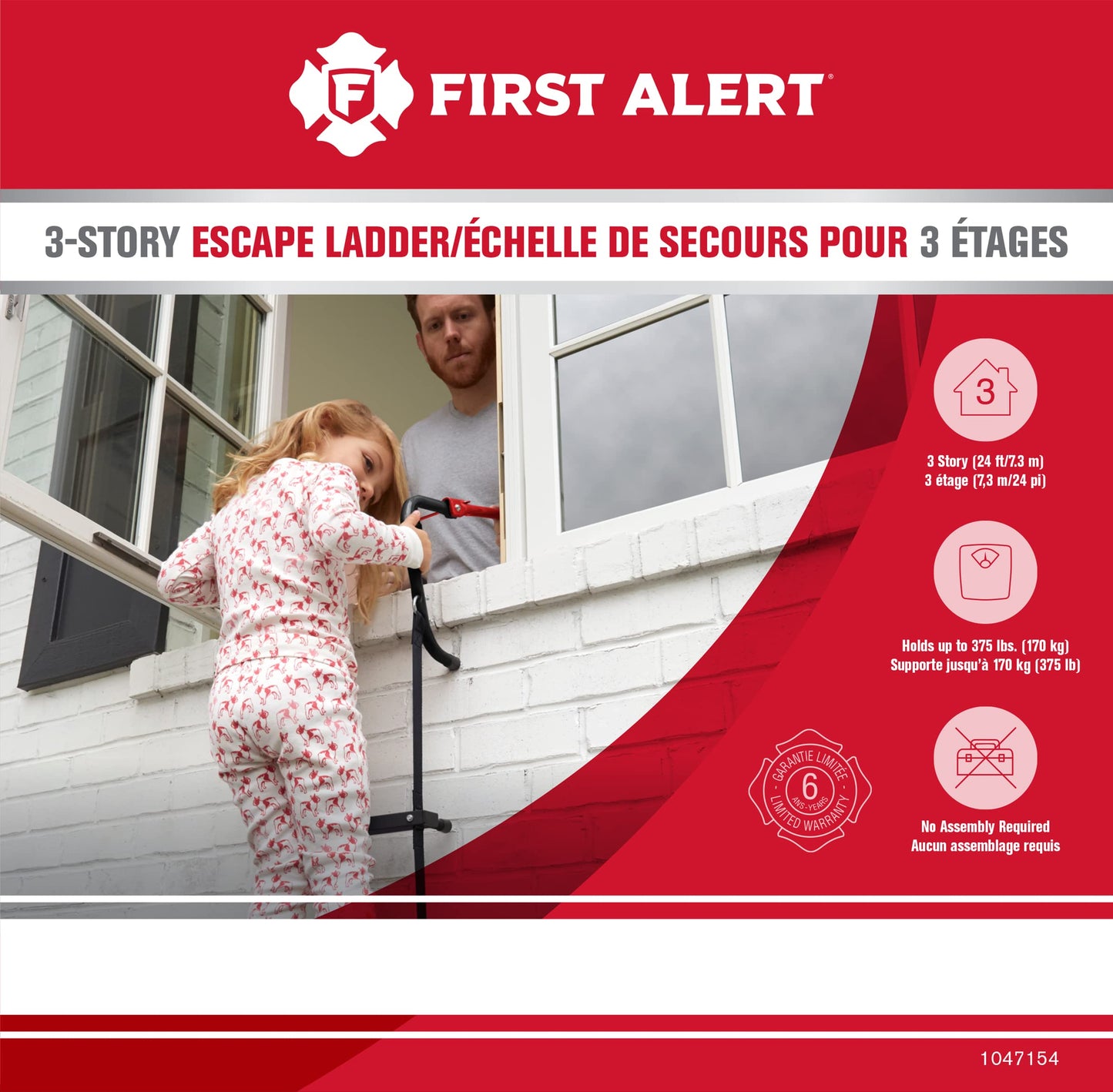 First Alert Three-Story Fire Escape Ladder, 24 Feet, Steel, Anti-Slip, Black