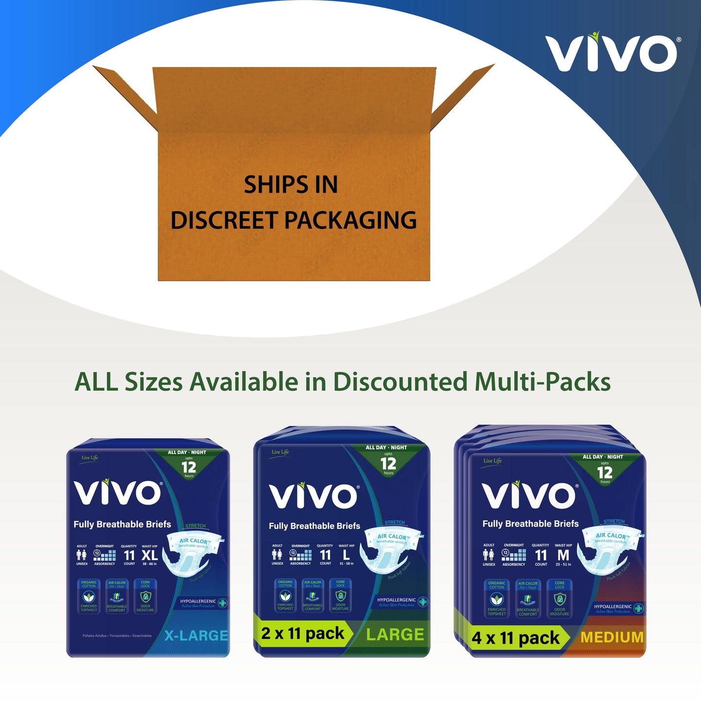 VIVO Organic Cotton Overnight Sensitive Skin Adult Incontinence Diaper Briefs with Tabs, Medium 22 Count