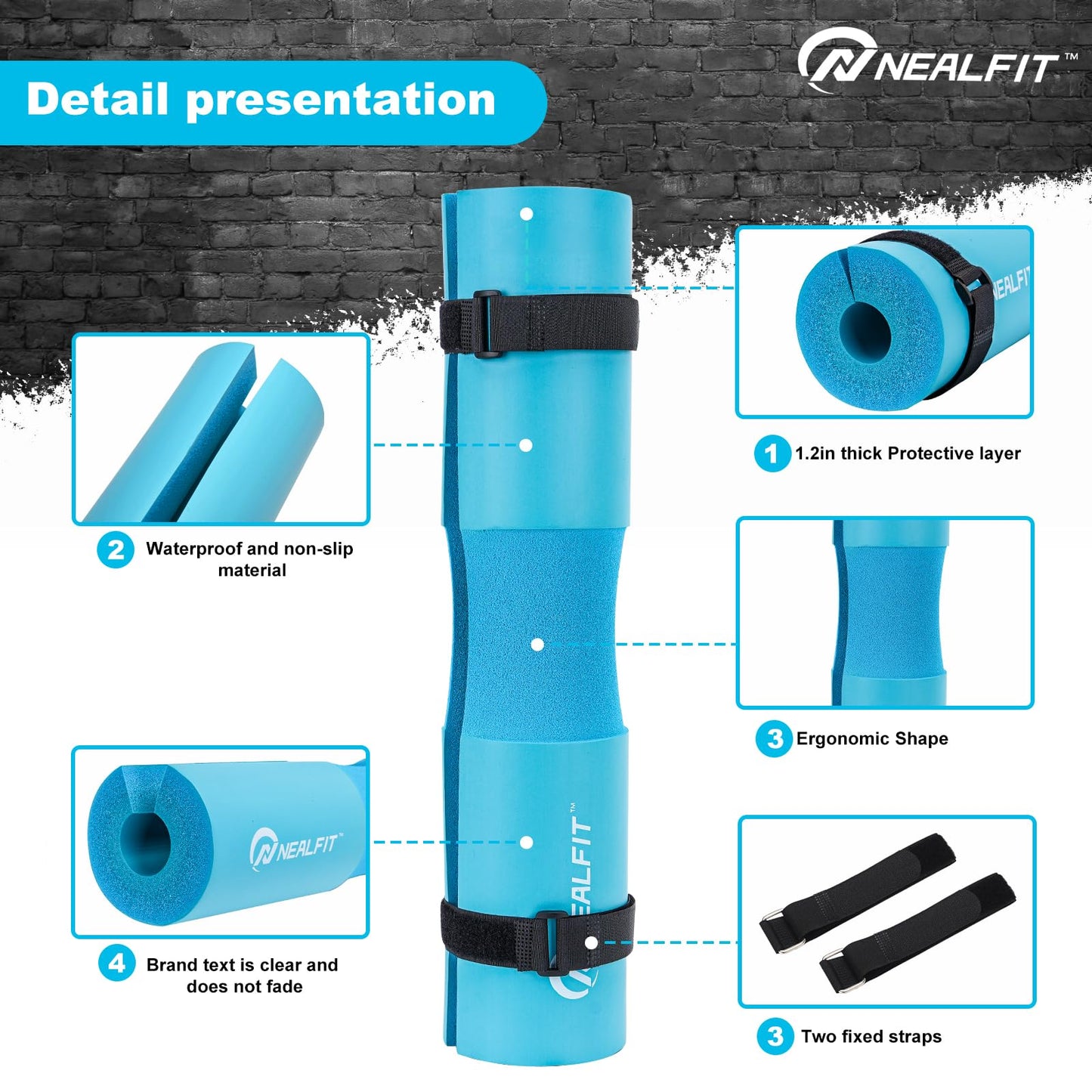 NEALFIT Barbell Pad Squat Pad for Squats—Squat Bar Pad—Great for Weightlifting,Lunges and Hip Thrusts—Foam Sponge Pad—Fit Standard and Olympic Bars Perfectly (Cyan)