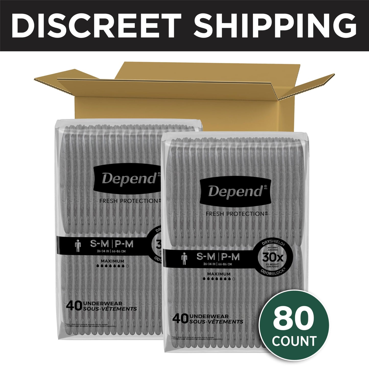 Depend Fresh Protection Adult Diapers, Incontinence Underwear for Men, Disposable, Maximum, Small/Medium, Grey, 80 Count (2 Packs of 40), Packaging May Vary