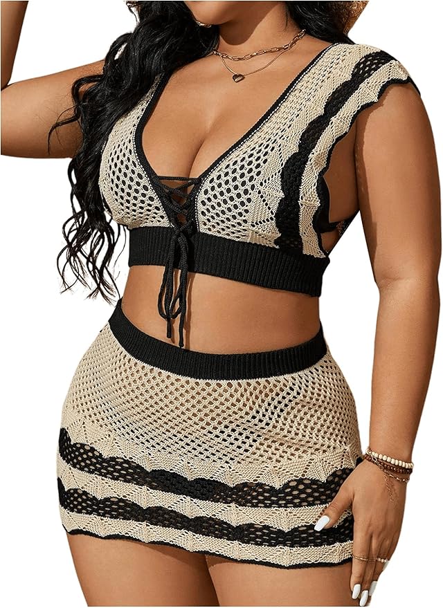 WDIRARA Women's Plus Size Two Piece Swimwear Lace Up V Neck Crop Swim Top and Hollow Out Cover Up Beach Skirt