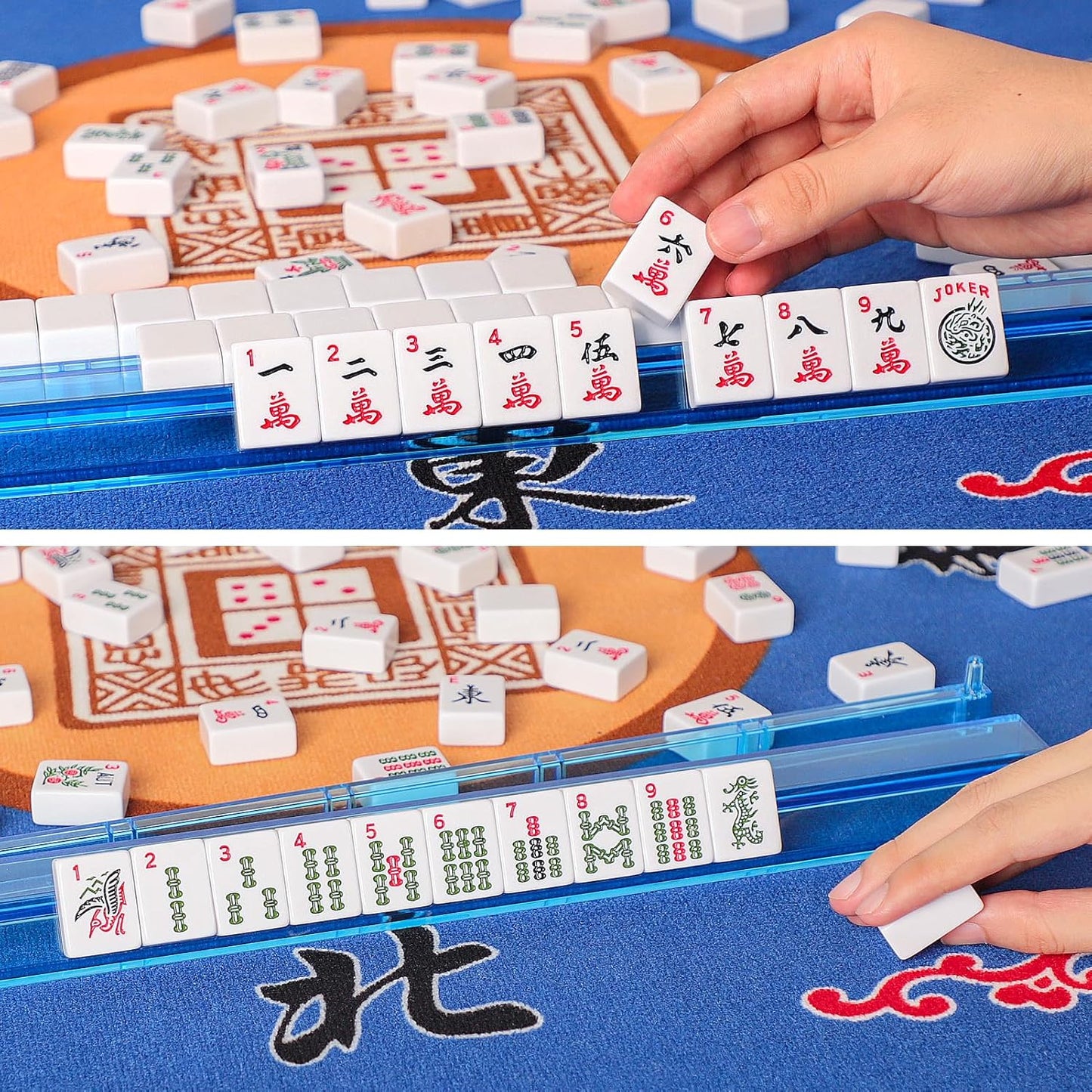 American Mahjong Game Set, 166 White Tiles, 4 All-in-One Color Rack/Pushers, Complete Mahjong Tile Set Red Printed Carrying Bag