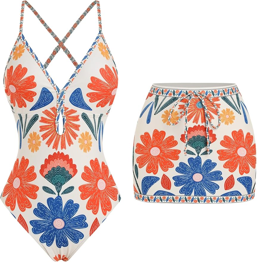 ZAFUL Women's One Piece Swimsuit with Skirt V Neck Plaid Bikini Front Cut Out Two Piece Bathing Suit