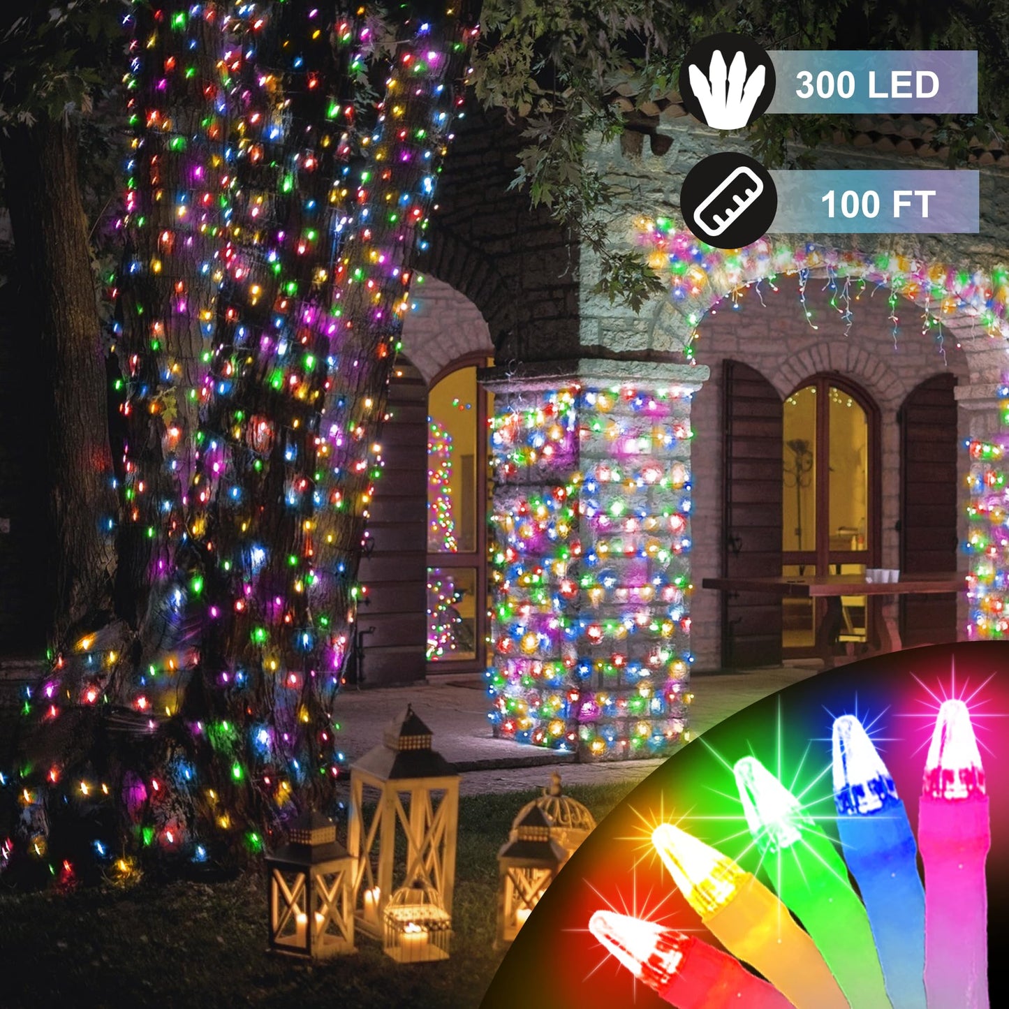 HRANBOTY 300 LED Christmas String Lights, 100 FT, Multicolor, 8 Modes, Indoor Outdoor, Timer & Memory