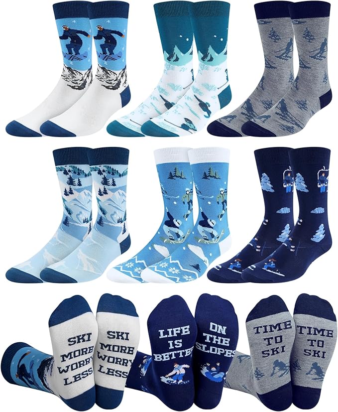 Maiteenly 6 Pairs Funny Ski Crew Socks Novelty Skiing Gift Socks Winter Snowboarding Gift for Ski Lovers Skiers Men Women