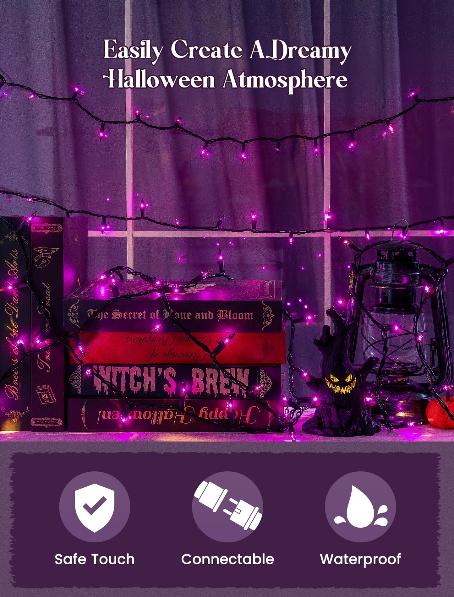 woohaha Purple String Lights Set, 50 Mini Fairy Lights, Plug-in, 11Ft for Halloween, Indoor, Home, Bedroom, Christmas Tree