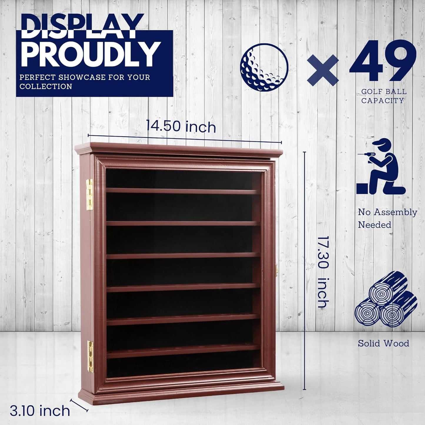 DECOMIL - Solid Wood Golf Ball Display Case Cabinet Wall Rack Holder UV Protection Lockable (Cherry, 49 Golf Ball)