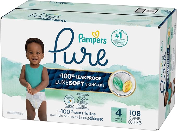 Pampers Pure Protection Baby Diapers, Size 4 (22-37 lbs), 108 Count, Up to 100% Leakproof, Premium Plant-Based Skin Protection, Hypoallergenic Soft Diapers