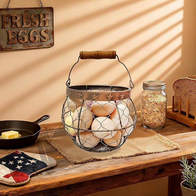 TAIANLE. Wire Egg Basket for Gathering Fresh Eggs with Handle, Metal Chicken Egg Collecting Basket for Coop, Rustic Farmhouse Kitchen Countertop Storage Basket Farmhouse Holder Organizer Easter