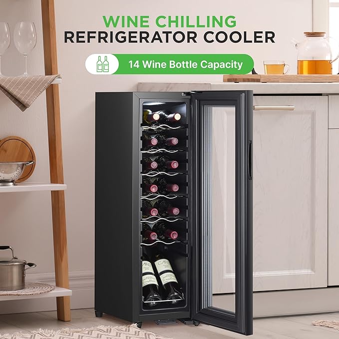 Nutrichef 14 Bottle Wine Fridge | Single Zone Wine Chiller | Adjustable Temp 41°F - 64°F | Ultra Quiet Operation | Wine Cooler for Home & Office | 34x10x17 IN (Black)