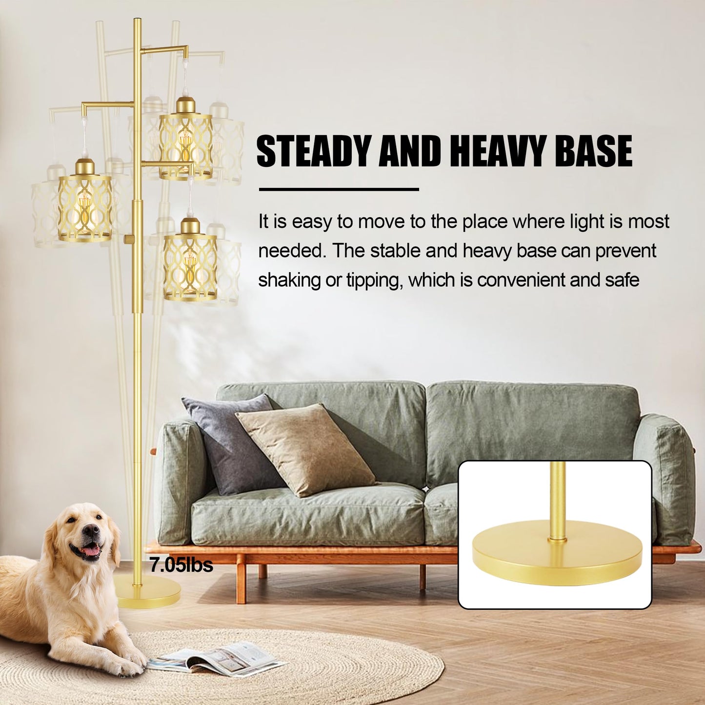 Rottogoon 68 Dimmable Gold Floor Lamp, 3-Light Rustic Design With Metal Shade, Includes 3X 6W E26 Bulbs, Model Rodlldd243