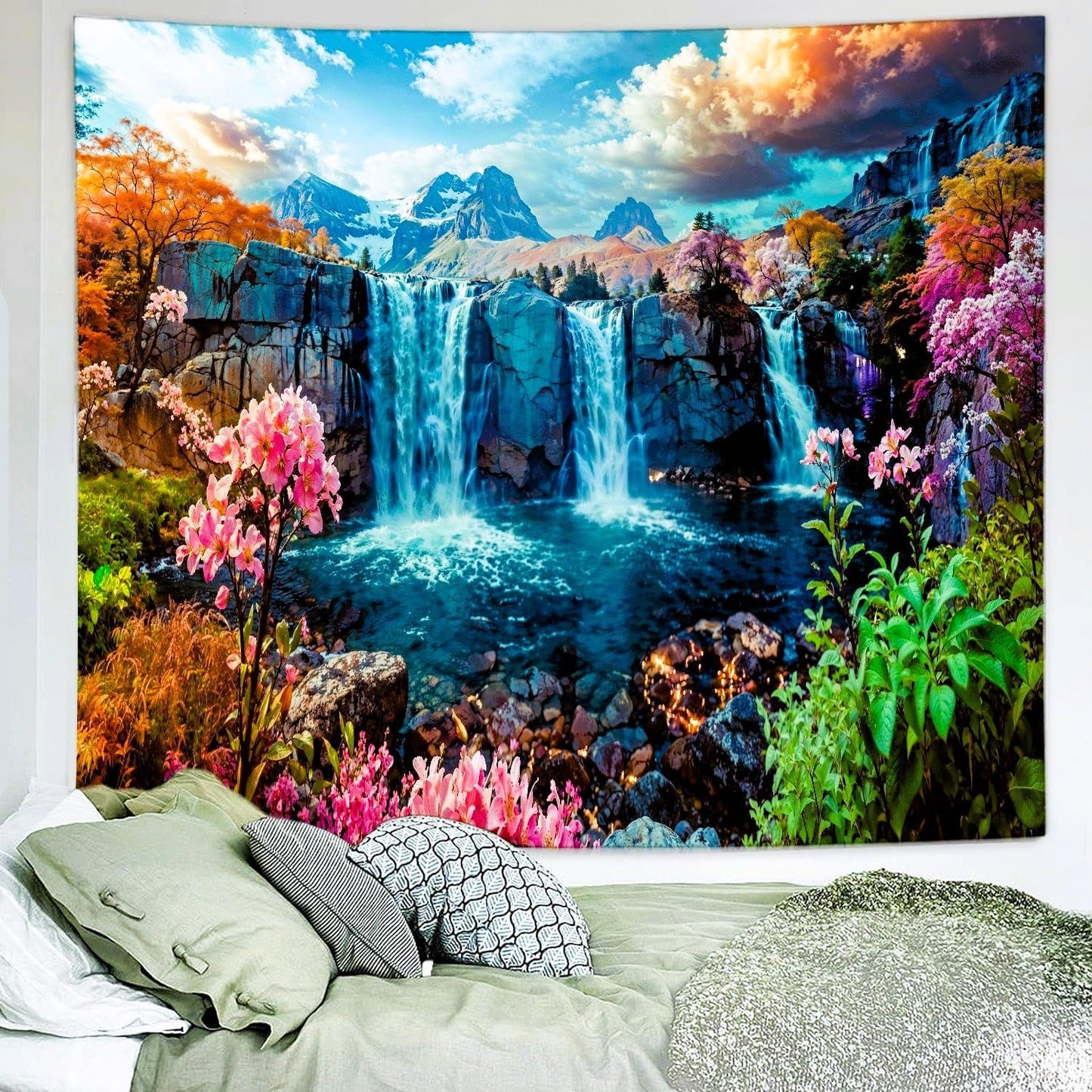 Delur Waterfall Tapestry Tropical Forest Mountain Sunset Tree Wall Hanging Tapestry Scenic Rainforest Landscape Nature Sunrise Headboard for Bedroom Living Room Home Decor (51.2" x 59.1")