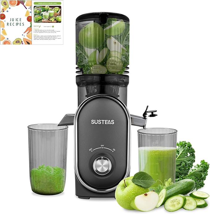 SUSTEAS Cold Press Juicer Machines, 5.3" Feed Chute(50oz Capacity), 300W Slow Masticating Juice Extractor for Whole Fruits and Vegetables, Automatic Feed, High Juice Yield,Easy to Clean, Silver gray