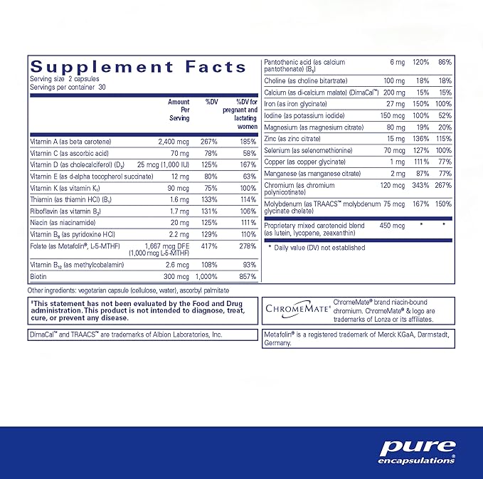 Pure Encapsulations PreNatal Nutrients - for Pregnancy & Lactation - Aids Energy & DNA Development* - with Folate, Choline & Iron - Gluten Free & Non-GMO - 60 Capsules