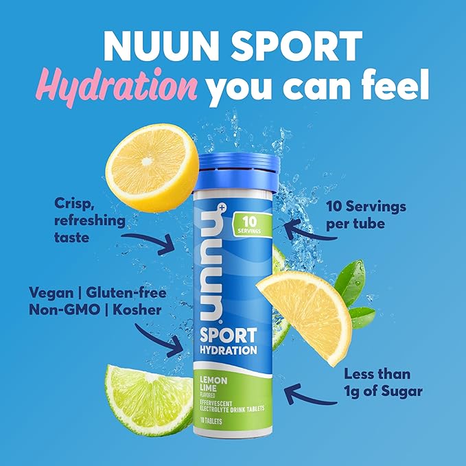 Nuun Sport Electrolyte Tablets with Magnesium, Calcium, Potassium, Chloride & Sodium, Gluten Free & Vegan, Lemon Lime, 4 Pack (40 Servings Total)