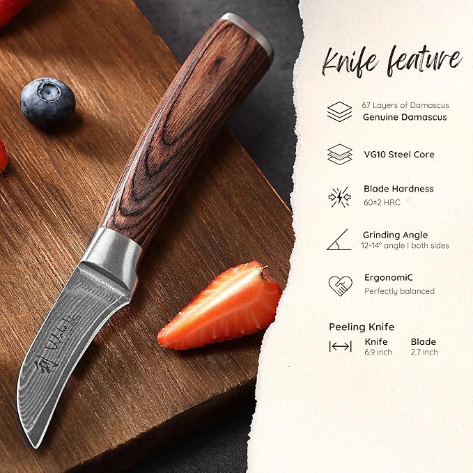 Wakoli EDIB Damascus Peeling Knife – 2.7-Inch Small Kitchen Knife for Fruits and Vegetables | Genuine Damascus Steel Blade with VG10 Core | Ergonomic Pakkawood Handle | Premium Knife in Gift Box