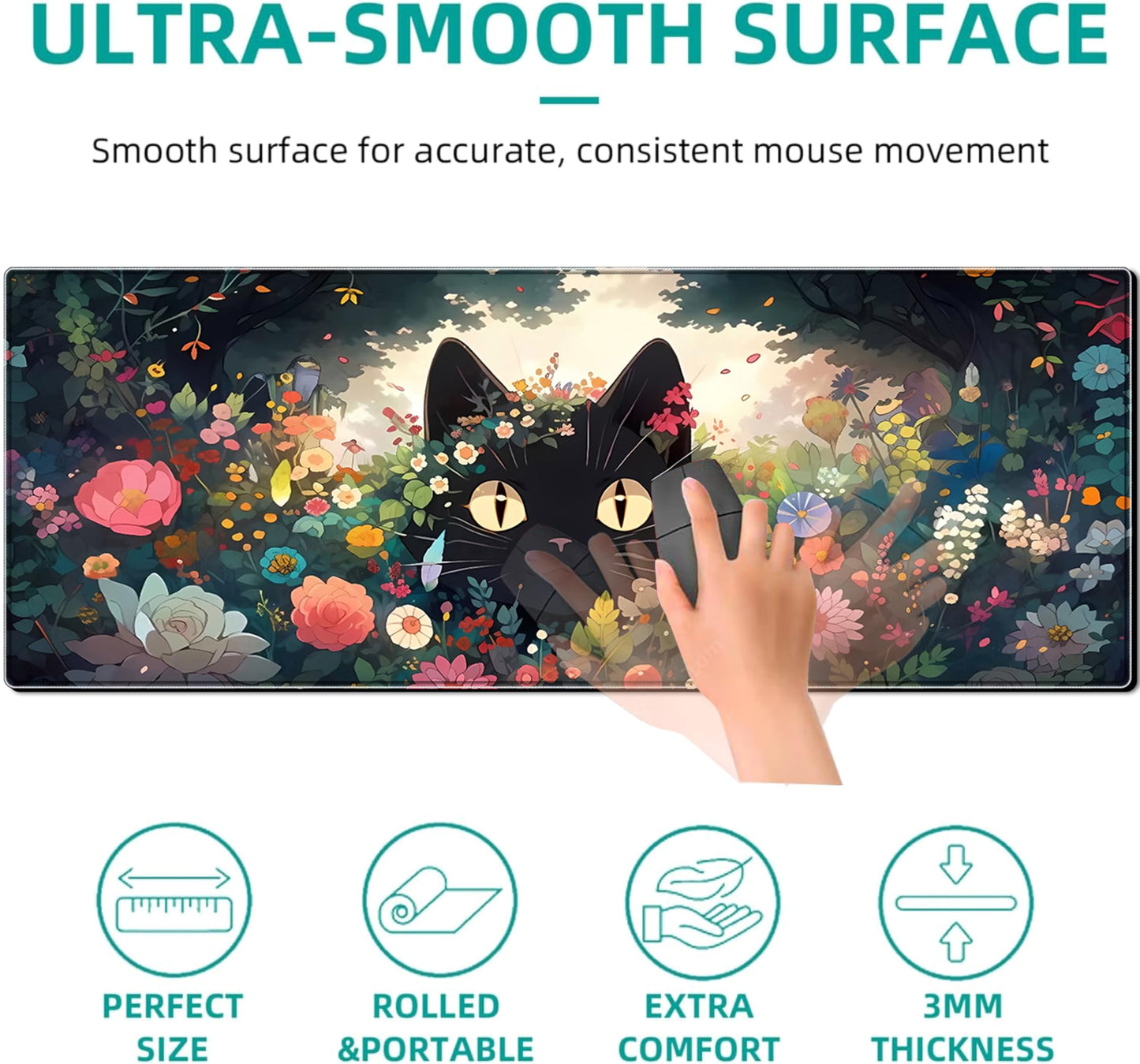 Black Cat Gaming Mouse Pad Colorful Flower Large Desk Mat, 31.5x11.8 Inch Mousepad Extended Non-Slip Rubber Base Keyboard Mat with Stitched Edges for Desk Home Office
