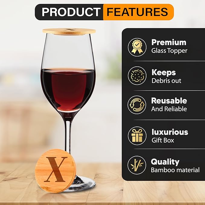 Personalized Wine Glass Charcuterie Topper - Custom Laser Engraved Initial Bamboo Wine Glass Topper Stopper Coasters Plate ID Identification Wine Glass Charcuterie Board Topper (Letter X)
