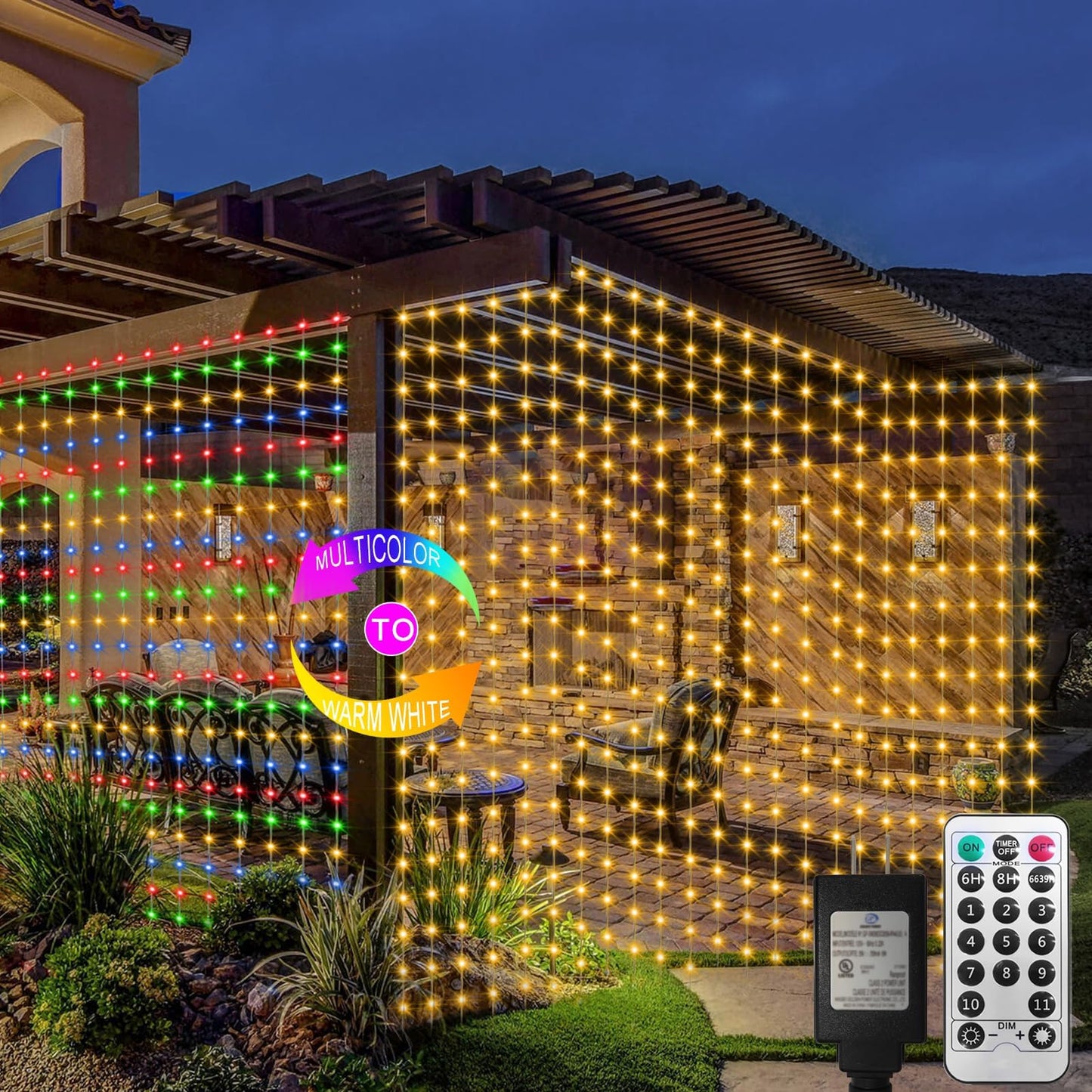 Zaiyw 300 Led Curtain Lights, 10Ft X 10Ft, Color Changing, Waterproof, Warm White & Multicolor, Remote Control, Model Dmo-300