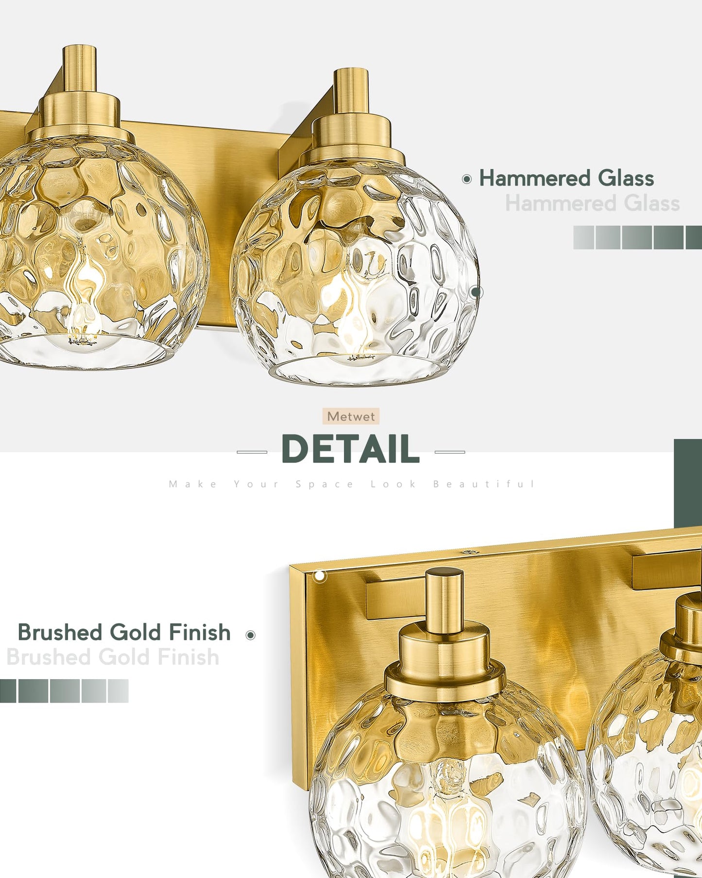 Metwet Bathroom Light Fixtures Over Mirror  3-Light Brushed Gold Vanity Light With Clear Hammered Glass Globe Shade  Modern Sconces Wall Lighting Bedroom Hallway  Vl200-Bg-3