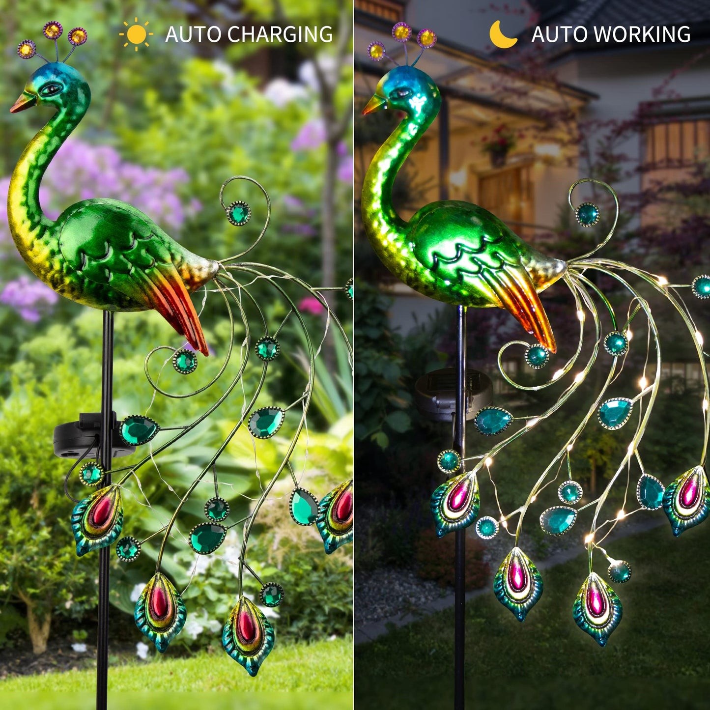 Glintoper Solar Garden Lights, 39 Peacock Metal Stakes, Warm White Waterproof Path Ornaments For Patio & Yard Decoration