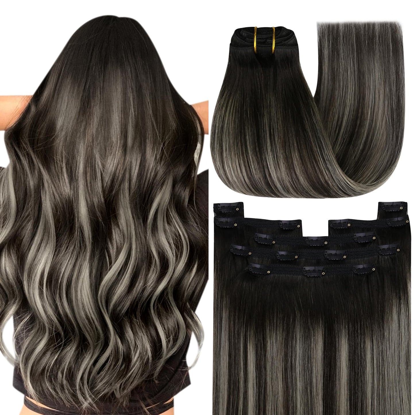 YoungSee Clip Hair Extensions Black Ombre Clip on Hair Extensions Blend of Black and Silver with Black Roots Clip in Real Hair E