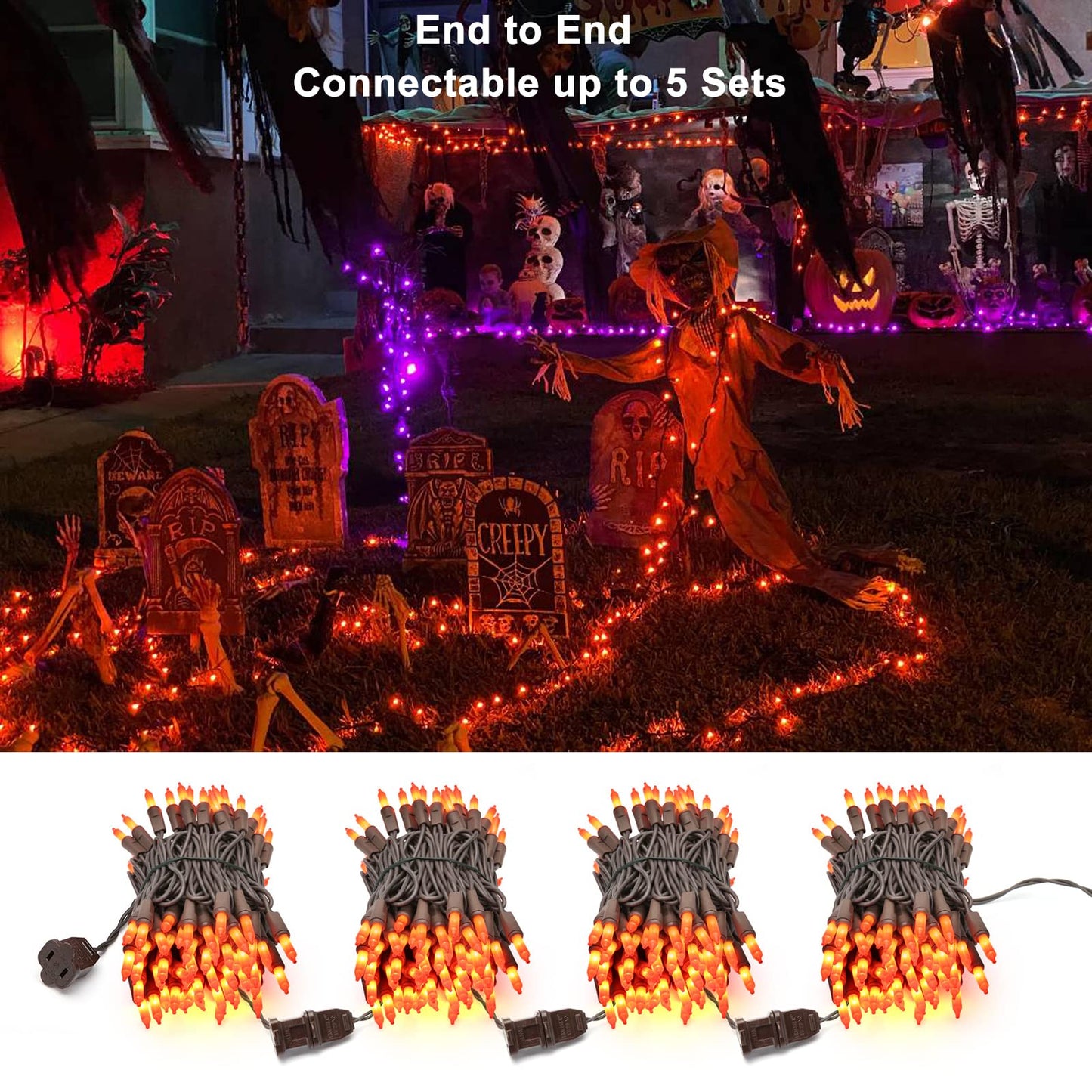 ODEETRONIC Orange Halloween Lights, 100 Count, 21.63ft, Mini Indoor/Outdoor String Lights, Brown Wire
