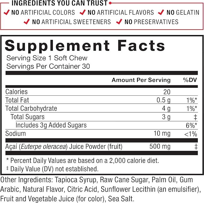 Force Factor Acai Soft Chews for Immune Support, Oxidative Stress Defense, and Daily Wellness, Superfood and Antioxidants Supplement, Non-GMO, Gluten-Free, and Vegan, Acai Berry Flavor, 30 Soft Chews