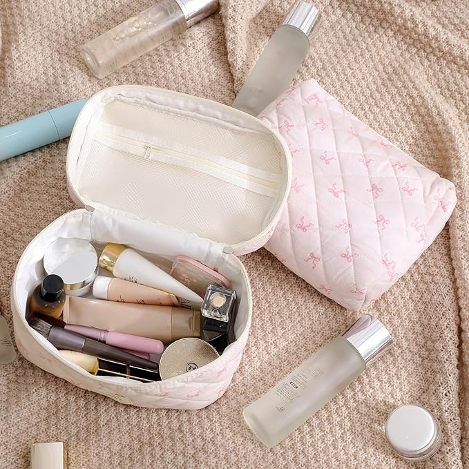 3Pcs Aesthetic Cotton Quilted Drawstring Makeup Bag Set, Aesthetic Cute Bow Makeup Pouch for Girls and Women, Aesthetic Travel Organized Cosmetic Bags for Purse(06Heart Bow)