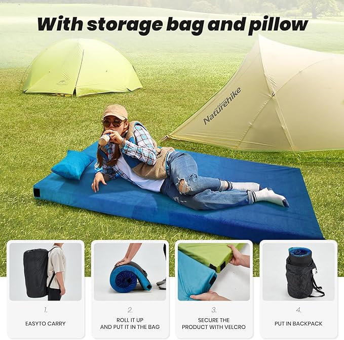 Memory Foam Camping Pad, Camping Sleeping Pad, Camping Mattress Pad with Pillow & Travel Bag, Portable Floor Mat Roll Up for Guest Adults Side Sleepers Indoor Outdoor Travel