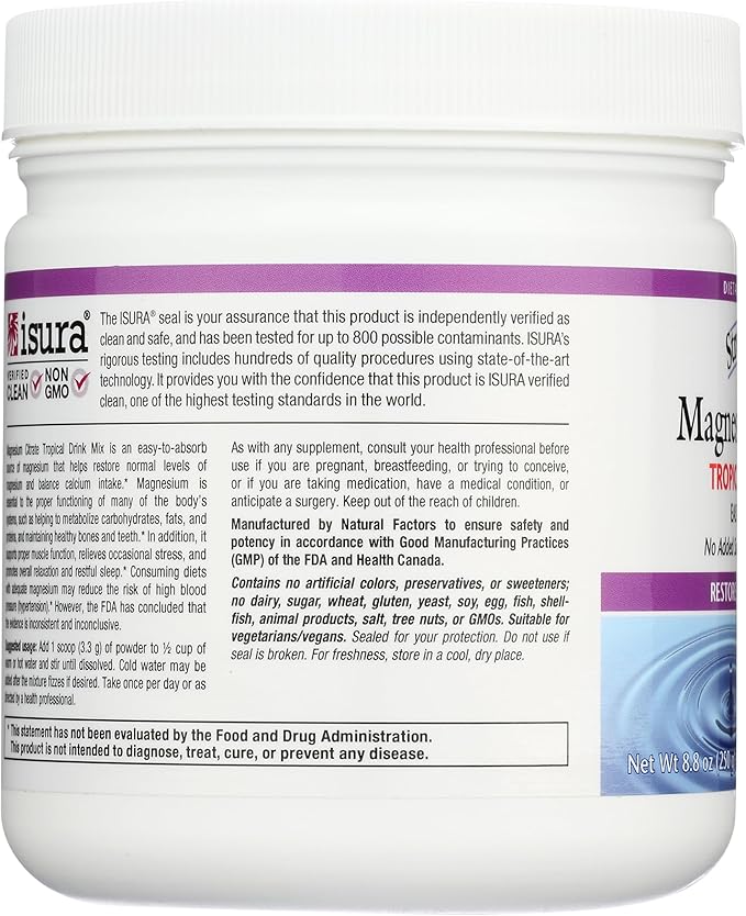 Stress-Relax Magnesium Citrate Drink Mix by Natural Factors, Restores Normal Levels of Magnesium & Balances Calcium Intake, Non-GMO, Tropical Flavor, 8.8 oz (75 servings)