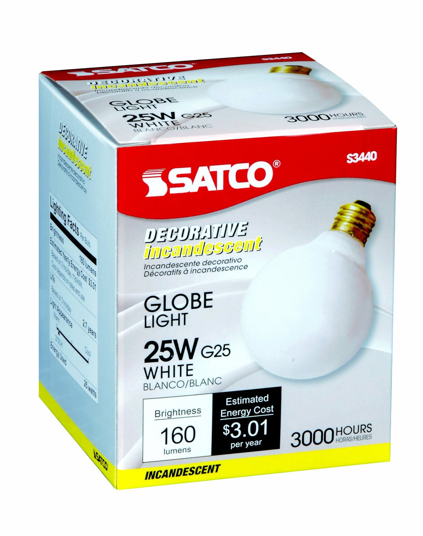 Satco 120V G25 Medium Base Gloss White Light Bulb, Model S3440, 1 Count, Glass Material
