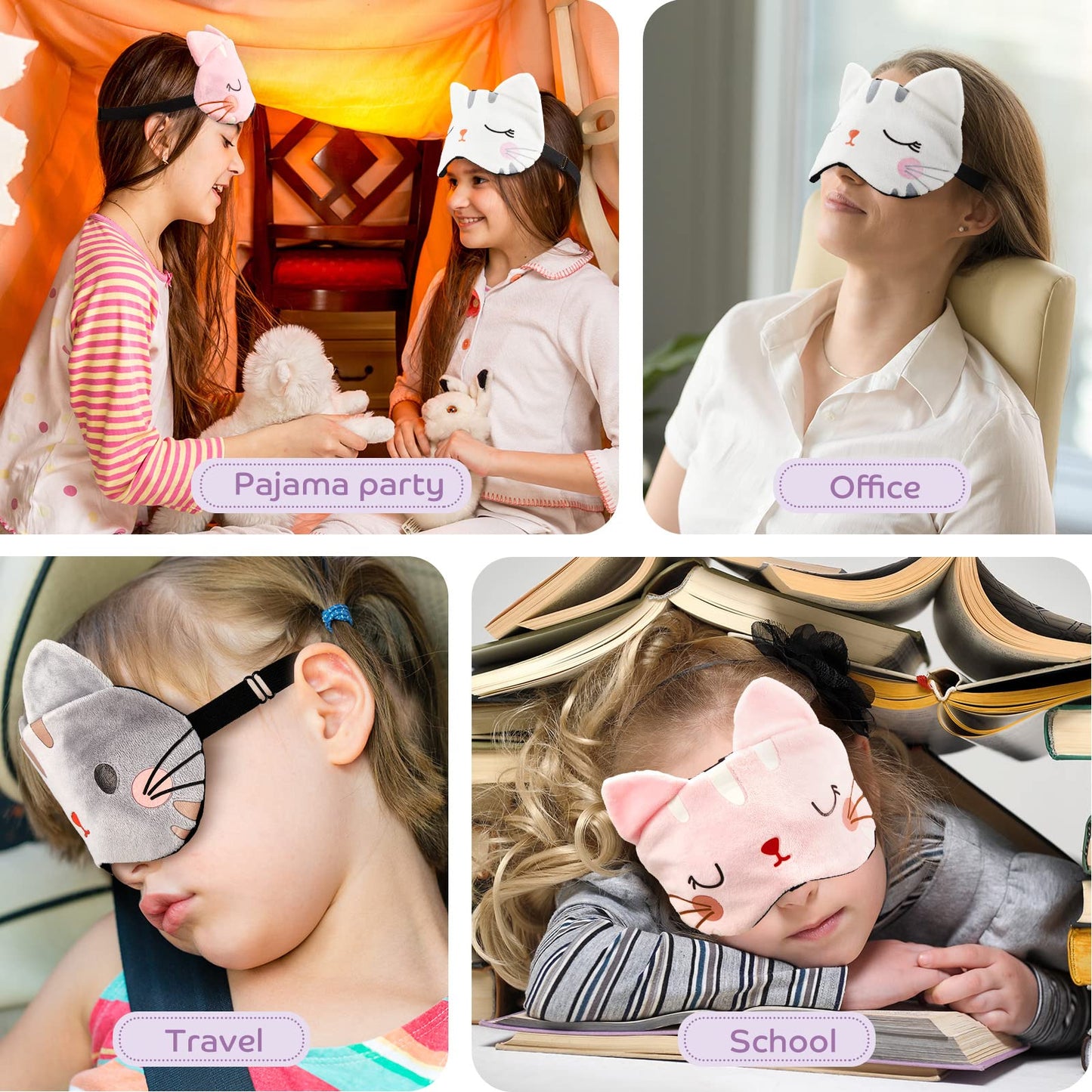 Vicenpal 6 Pcs Kids Sleep Mask Cute Cat Animal Sleeping Eye Cover Soft Lightweight Eyeshade Kawaii Sleeping Mask Funny Cat Blindfolds for Women Girls Teens Kitty Slumber Birthday Party Favors