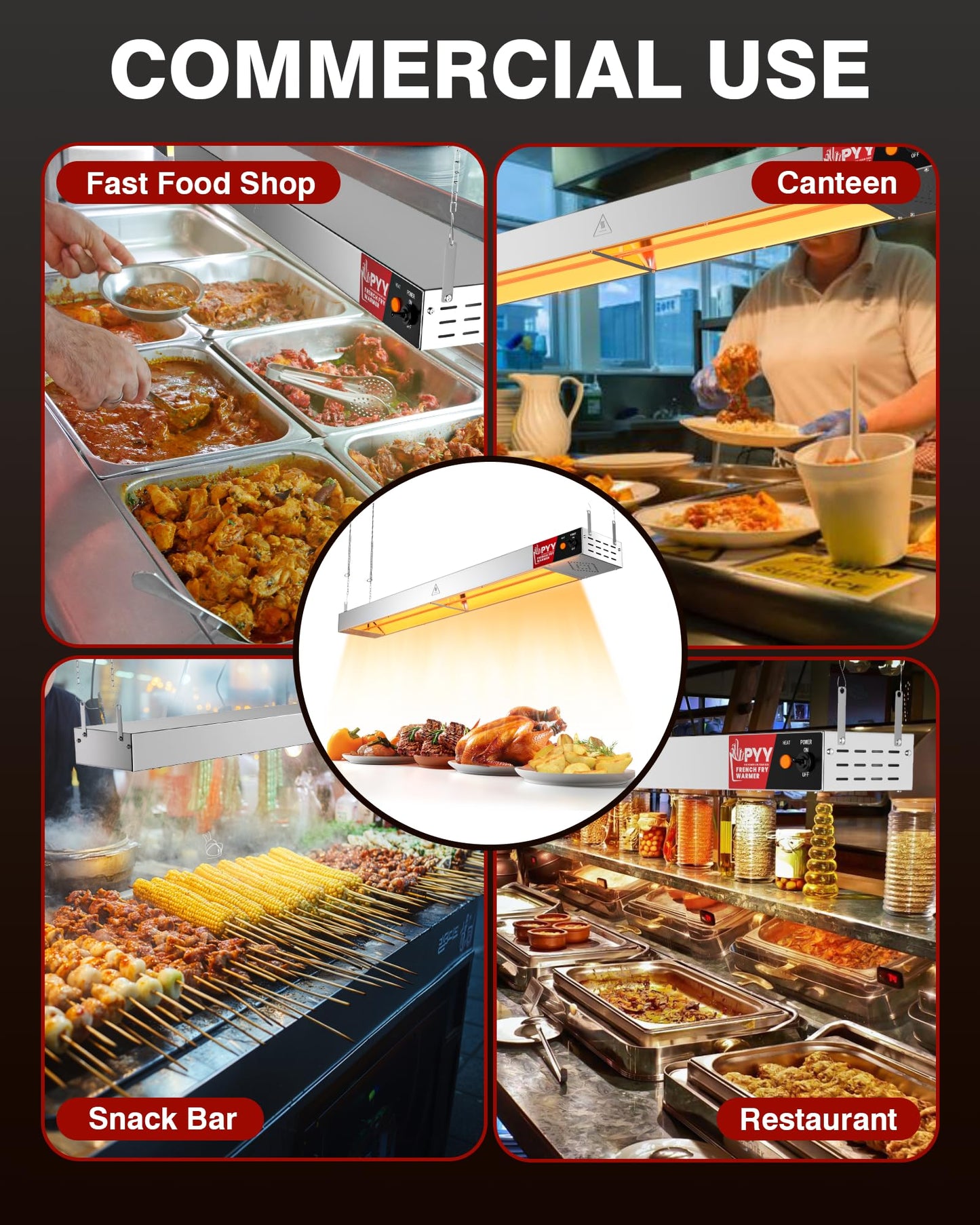 PYY Food Heat Lamp-42 Inch Commercial Grade Infrared Food Warming Lamp, Pass-Through Stations Heating, Stainless Steel Food Warming Light for Cafeteria Restaurants Kitchen, 850W