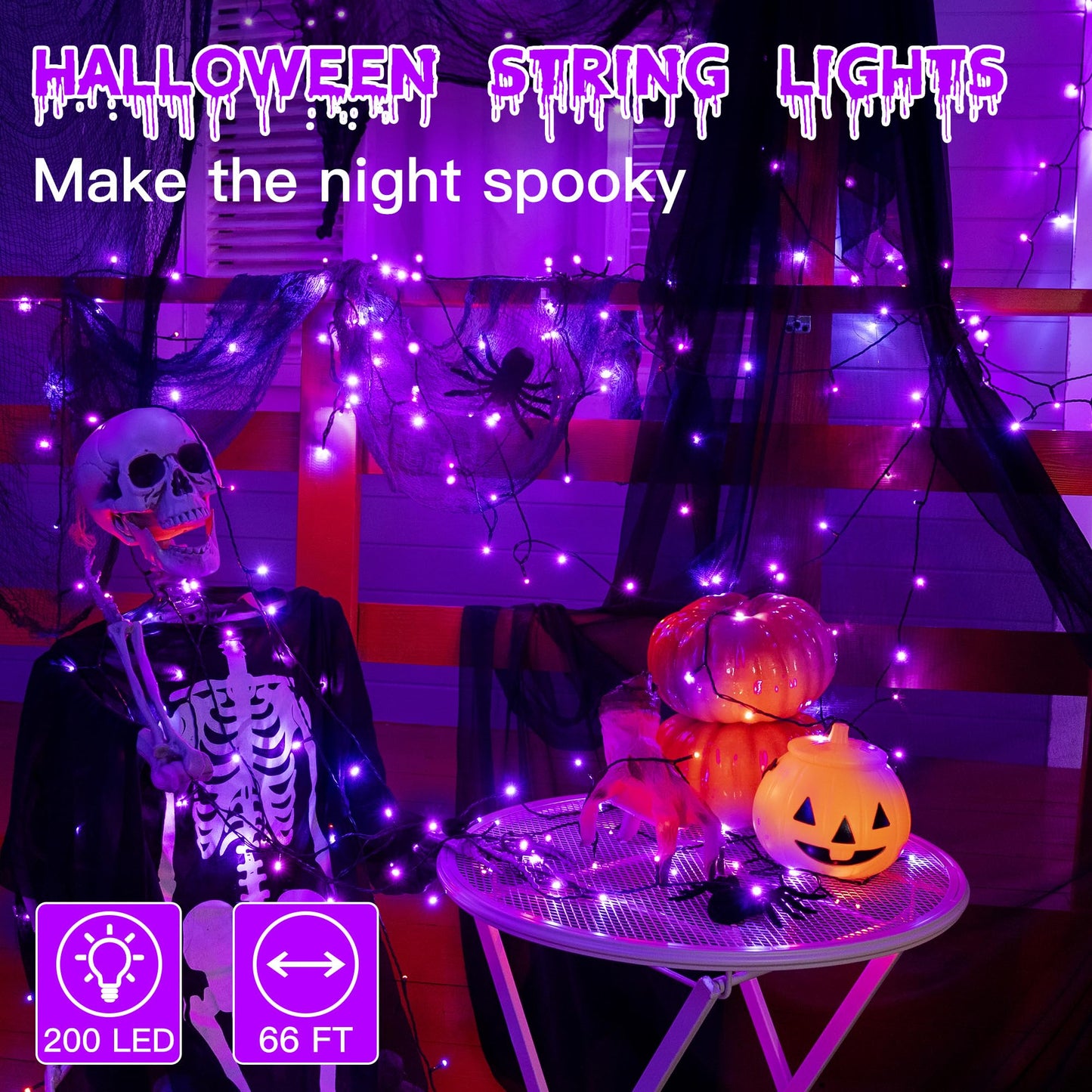 Guhope 66FT 200 LED Purple Halloween String Lights, Waterproof, 8 Lighting Modes, Model NYA0200A