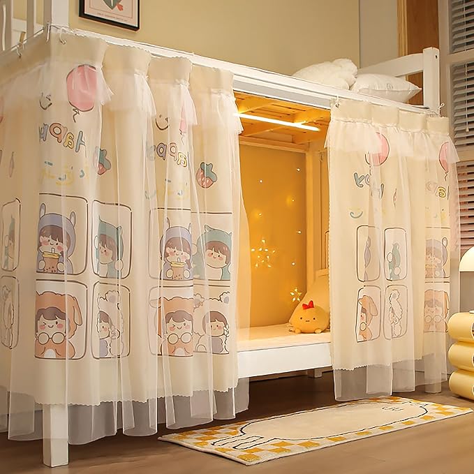 Hoce Bunk Bed Curtain Gauze Bunk Bed Curtains Drapes with Lace Privacy Dorm Bed Canopy for Bottom Twin, 2 Panels